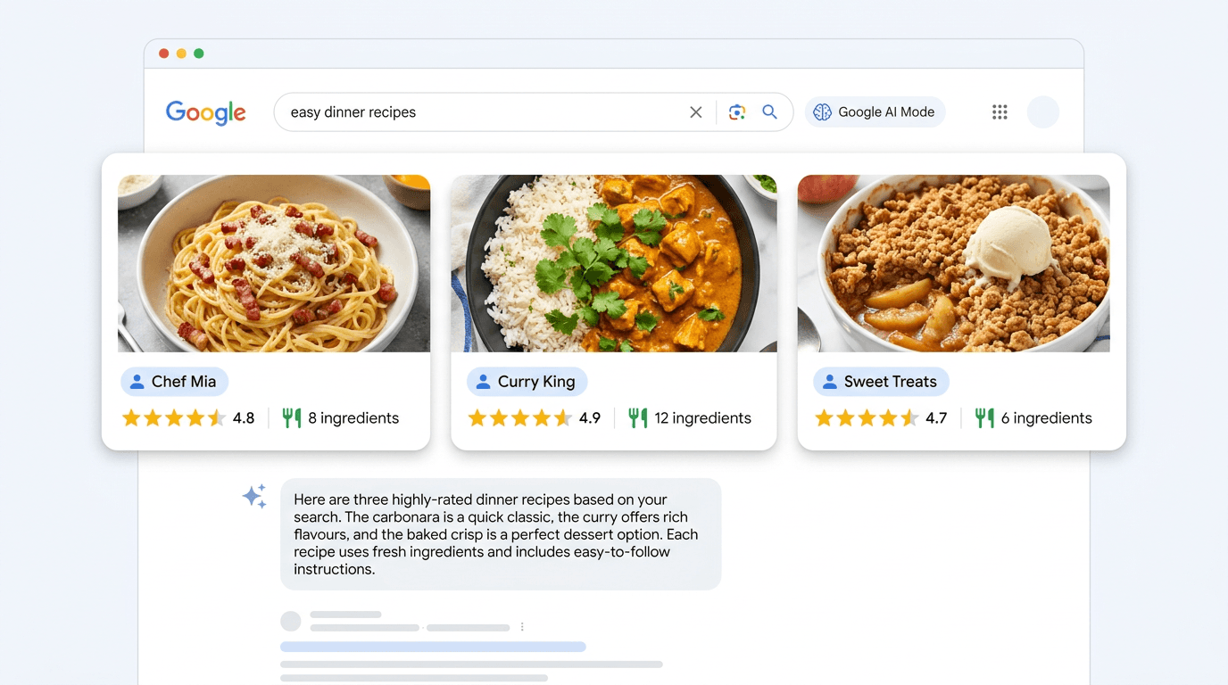Google AI Mode Recipe Links: Creator Names, Ratings, and Ingredient Counts at the Top of Responses
